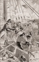 Kapten James Lawrence uttalar sina sista ord eller döende kommando, Dont give up the ship!, från The History of Our Country, publicerad 1905
